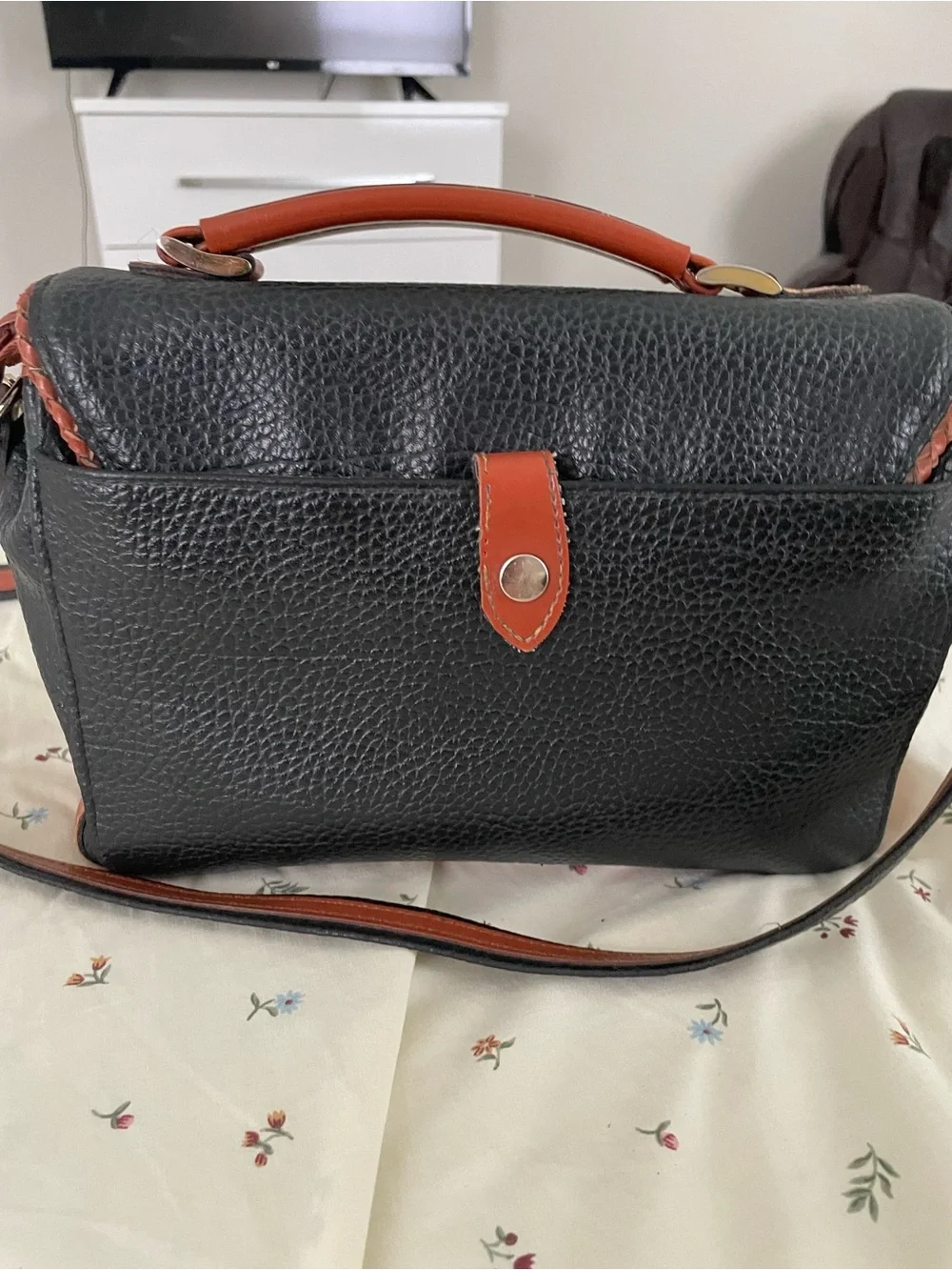 Dooney & Bourke Black Pebbled Leather Crossbody with Brown Trim